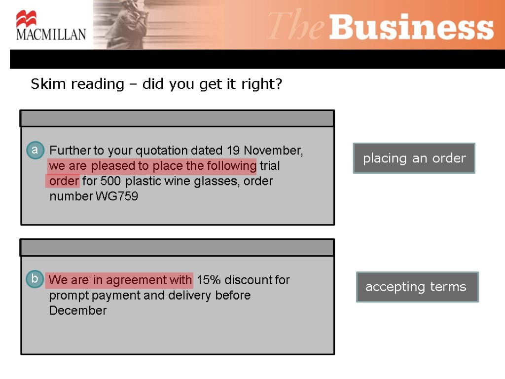 Skim reading – did you get it right? placing an order placing an order